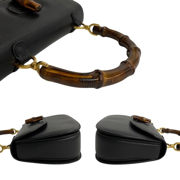 GUCCI Old Gucci Bamboo Turnlock Leather Handbag Black 33909 - Picture 5 of 8